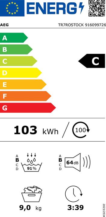 Energie-Label AEG TR7ROSTOCK warmtepompdroger (9 kg, Rechts, Wechselbar)