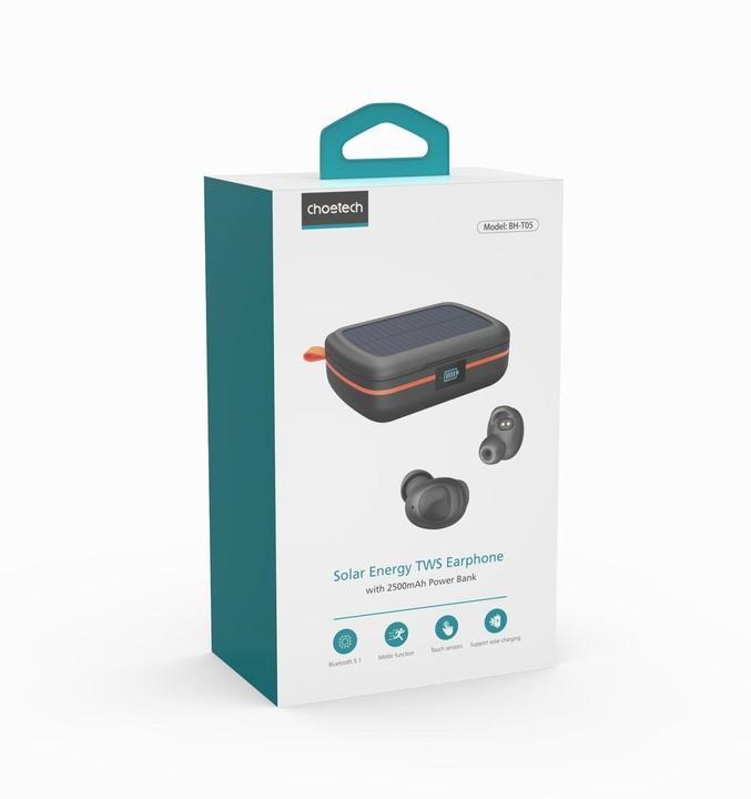 Actual product image Choetech TWS Bluetooth Headphones SOLAR incl. 2500mAh Powerbank -Black (8 h, Wireless)