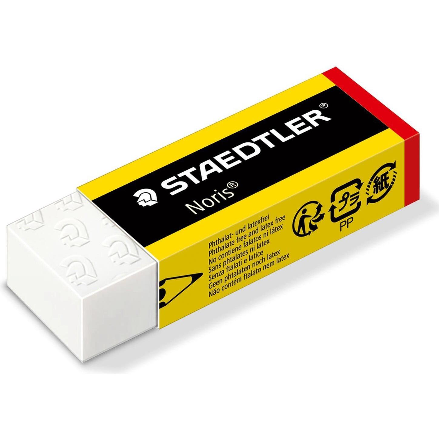 Staedtler, Korrekturmittel, Kunststoff-Radierer Noris, weiss, 20er Display mit Schiebe-Manschette in gelb/schwarz, einze...