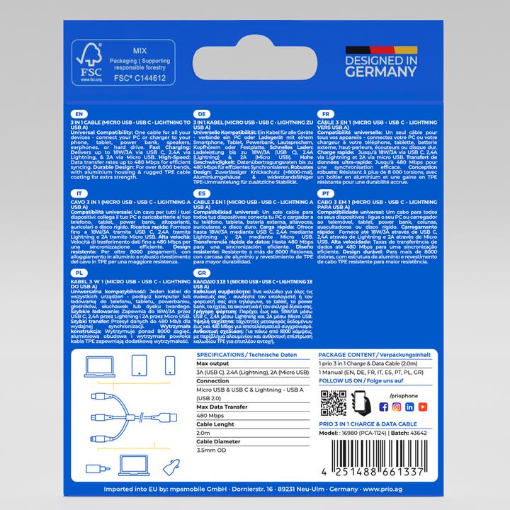 Actual product image prio 3in1 Micro USB & USB C & Lightning to USB A Cable 3A 2m white (2 m)