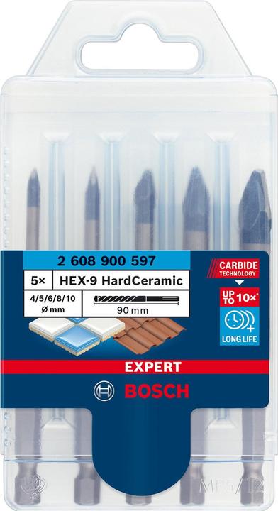 Bosch Professional Zubehör EXPERT HEX-9 HardCeramic Bohrer-Set, 4/5/6/8/10 mm, 5-tlg. (4, 5, 6, 8, 10 mm)