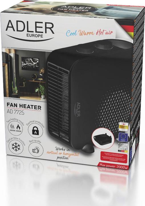 Actual product image Adler Heater AD 7725b Fan heater, 2000 W, Number of power levels 2, Juodas (2000 W)