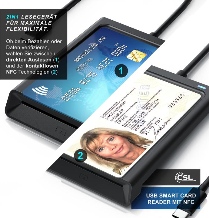 Produktbild CSL Chipkartenleser USB C Smart Card Reader, NFC, SIM Kartenlesegerät, kompatibel mit Mac OS X, Win 11 (USB)