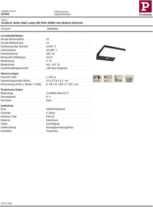 Produktbild Paulmann Solar Wandleuchte Ronas (550 lm, IP44)
