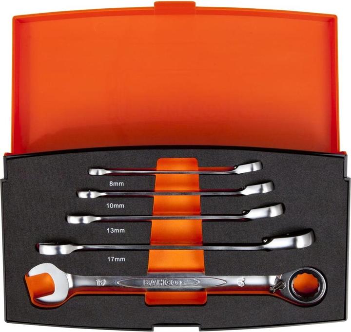 Produktbild Bahco Satz metrische Knarren-Ring-Maulschlüssel - 5-teilig/Kunststoffbox (10 mm, 13 mm, 17 mm, 19 mm, 8 mm)
