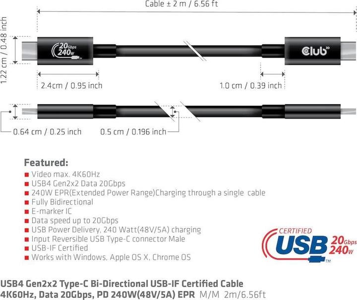 Produktbild Club 3D USB C – USB C (2 m, USB 4.0, 240 W)
