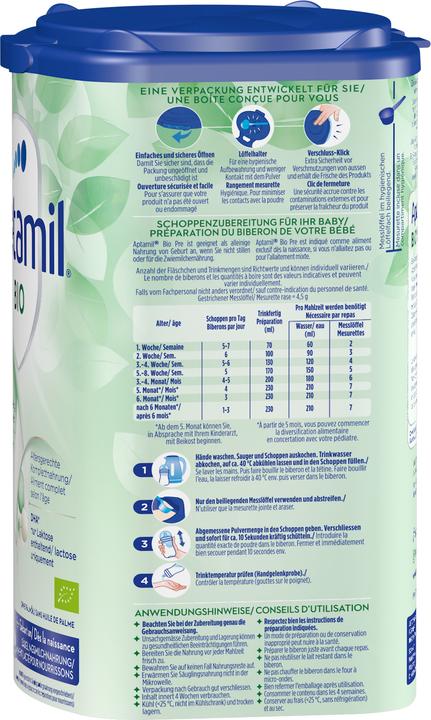 Nutritional values and ingredients Aptamil Organic Pre (800 g, from birth)