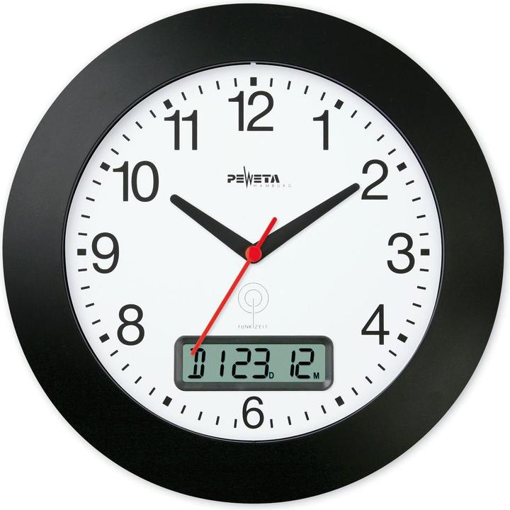 Actual product image Peweta Radio-controlled wall clock white black plastic, Ø 30.0 cm (30 cm)