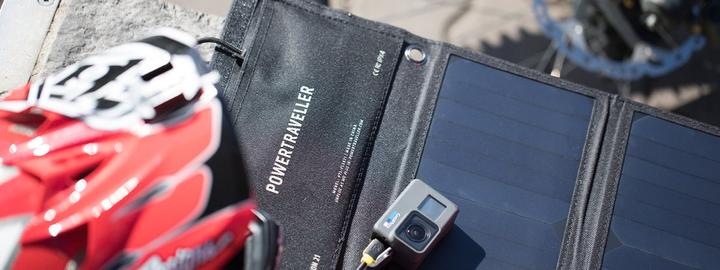 Actual product image Powertraveller Falcon 21 solar charger with 1x USB-A and 1x DC output (21 W, 0.47 kg)