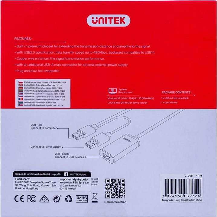 Produktbild Unitek Y-278 USB Kabel USB 2.0 2 x USB A USB A (10 m, USB 2.0)