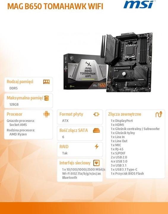 Immagine prodotto MSI MAG B650 TOMAHAWK WIFI (AM5, AMD B650, ATX)