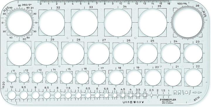 Valori nutrizionali e ingredienti Staedtler Mars 576 01 F Sagoma per cerchi, cerchi da 1 a 36 mm Ø, 270 x 130 mm (345 mm)