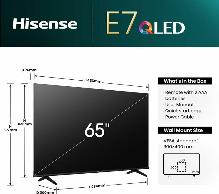 Actual product image Hisense TV 65E7NQ (65", E7NQ, QLED, 4K)