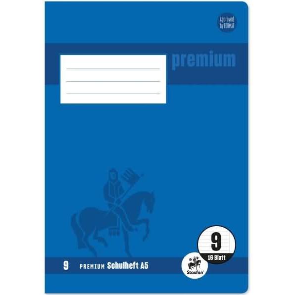 Staufen, Heft + Block, Schulheft Premium Lineatur 9 liniert DIN A5 Aussenrand, 16 Blatt (A5, Harter Einband)