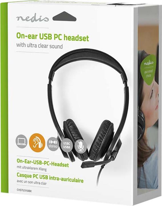 Produktbild Nedis PC Headset On-Ear, Stereo - Black (Kabelgebunden, USB-A, Google Meet, Microsoft Teams, Zoom)