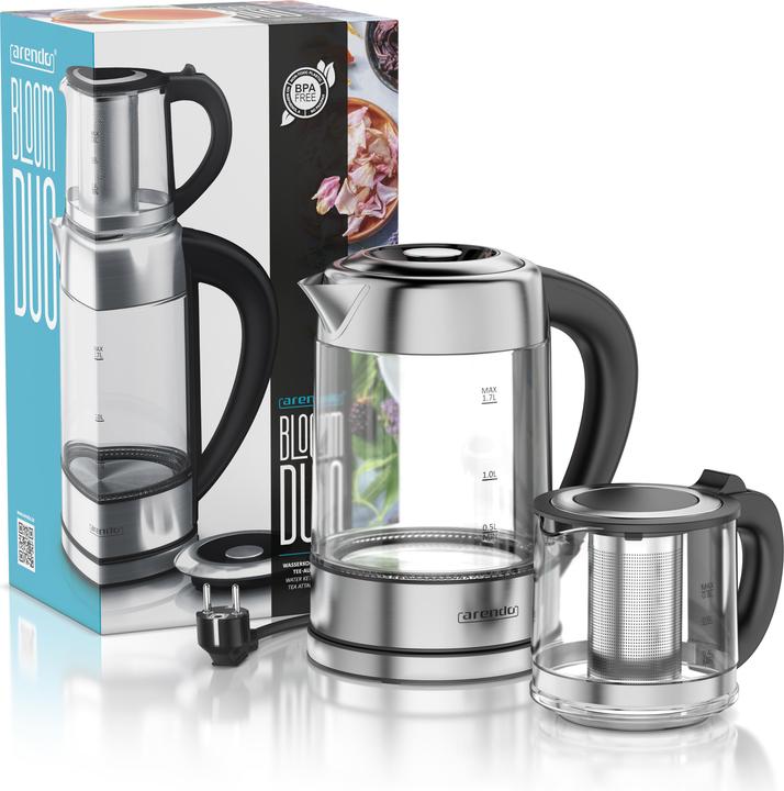 Produktbild Arendo Wasserkocher mit Temperatureinstellung aus Glas & Edelstahl, Teesieb, Teekocher, 1,7 L, 2200 W (1.70 l)