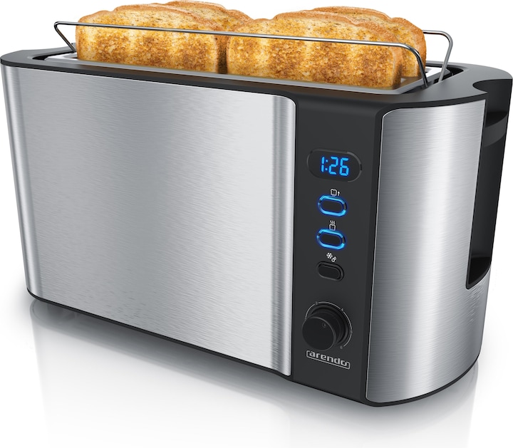 Produktbild Arendo Edelstahl Toaster 4 Scheiben Langschlitz, Doppelwand, Brötchenaufsatz, Display mit Restzeitanzeige