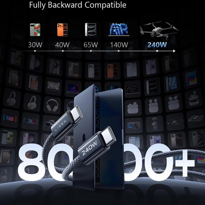 Produktbild Lisen - Data Cable (YL0123070023) - Type-C to Type-C, 240W, Nylon-Braided - Black (2 m, 240 W)