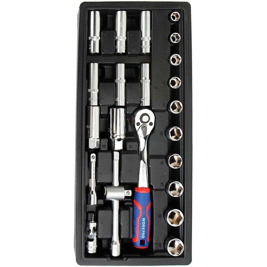 Workpro, Chiave a bussola + esagonale, 3/8 in ratchet wrench and socket set 23 pieces, metric (10 mm, 11 mm, 12 mm, 13 mm, 14 mm, 15 mm, 16 mm, 17 mm,