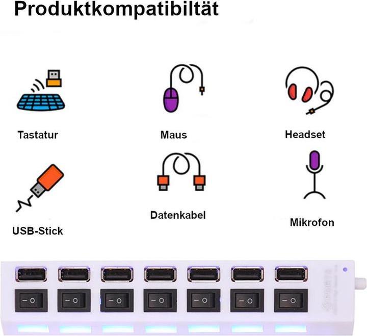 Immagine prodotto Hermex Hub USB Adattatore USB-A 2.0 a 7 porte con interruttore on/off e luce (USB-A, 7 porte)