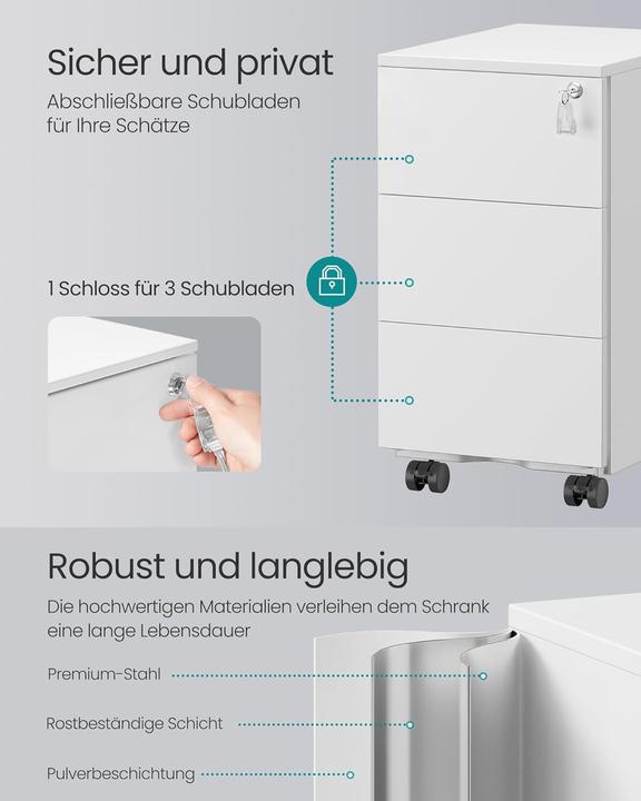 Produktbild Songmics Mobiler Aktenschrank OFC079W01 mit 3 Schubladen, abschliessbar