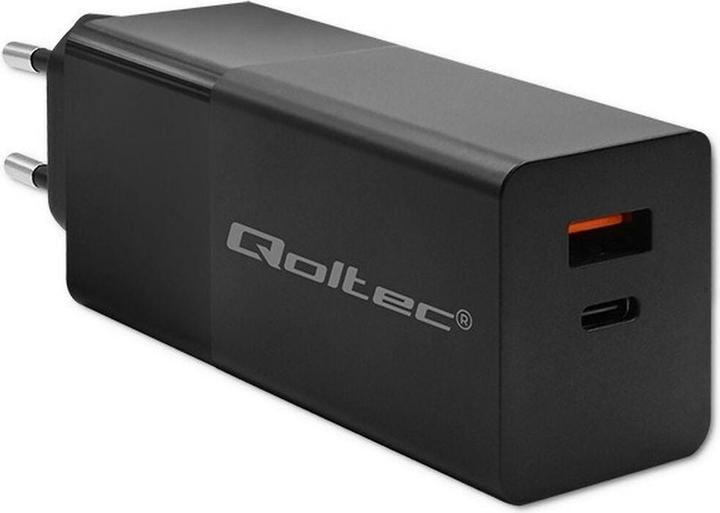 Actual product image Qoltec Ładowarka GaN POWER PRO | 1xUSB-C | 1xUSB | 100W | 5-20V | 1.5-3.35A | PD | Czarna (100 W, 2 ports)
