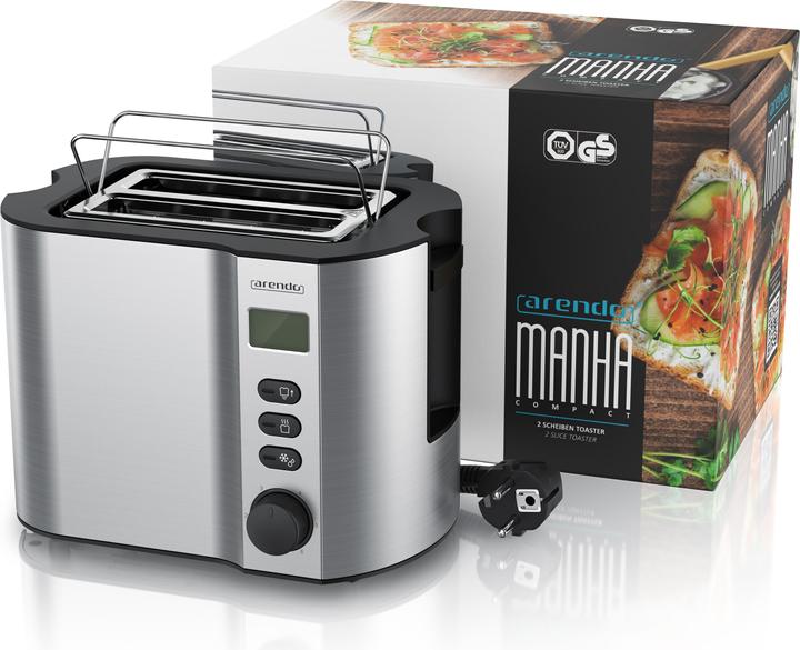 Produktbild Arendo Toaster Edelstahl 2 Scheiben Kurzschlitz, Display mit Restzeitanzeige, Doppelwand, Brötchenaufsatz