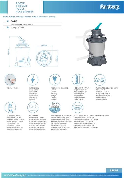 Actual product image Bestway 3,596 L Above Ground Pool Sand F ilter Pump