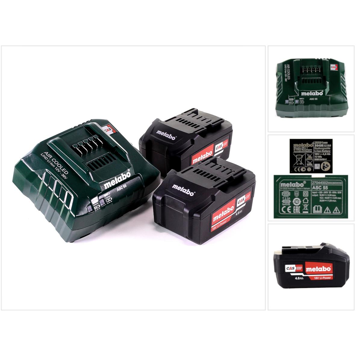 Metabo, Werkzeugakku + Ladegerät, Basis Set 2x Li-Power Akkupack 18 V 4,0 Ah CAS Li-Ion Akku + Ladegerät ASC 55 ( 685050...