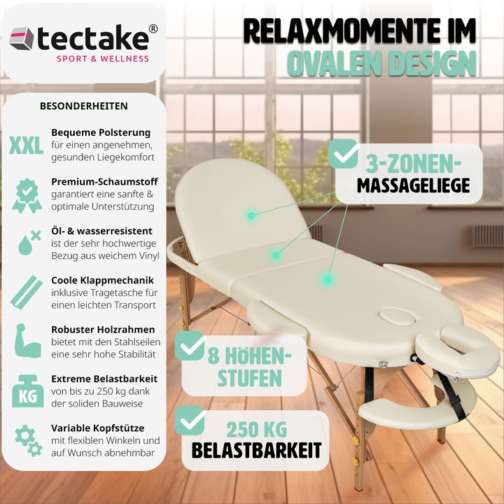 Immagine prodotto tectake Lettino da massaggio Sawsan a 3 zone, con 5 cm di imbottitura, rulli e supporto in legno