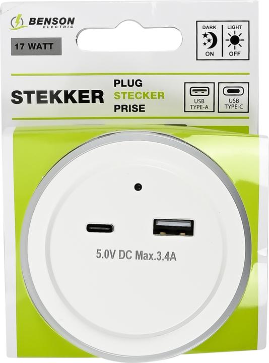 Actual product image Benson Electric Night light with USB-A and USB-C plug and sensor