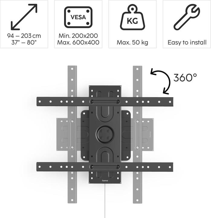 Immagine prodotto Hama Supporto da parete per TV, formato verticale e orizzontale, 203 cm (80") fino a 50 kg (Muro, 80", 50 kg)