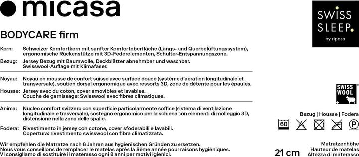 Nutritional values and ingredients SwissSleep by riposa BODYCARE firm (90 x 200 cm, Foam core)