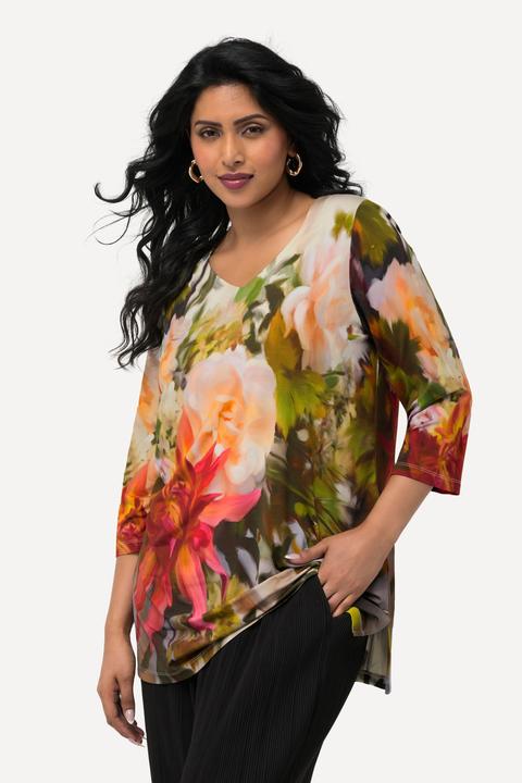Produktbild Ulla Popken Slinkyshirt, Blüten, Classic, Herzausschnitt, 3/4-Arm (50, 52)