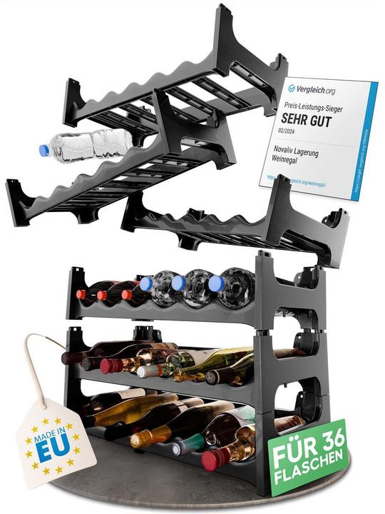 Novaliv Bottle rack for 36 bottles | Wine rack grey | Shelf made of sturdy plastic, stackable (60 x 28 x 14 cm, 36 bottles)