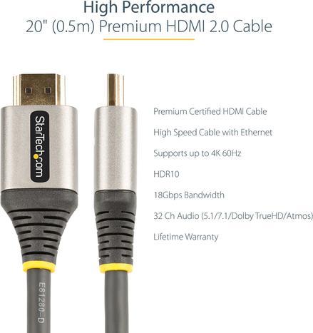 Actual product image StarTech com 20in (0.5m) Premium Certified HDMI 2.0 Cable - High-Speed Ultra HD 4K 60Hz HDMI Cabl... (0.50 m)