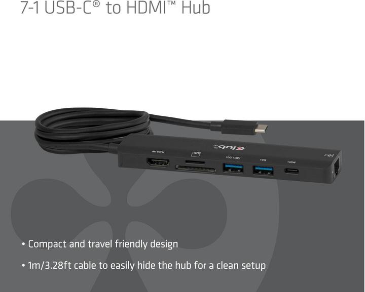 Image du produit Club 3D Club3D hub USB-C, 7-in-1 hub s 2x USB, 1xHDMI, 1xUSB-C PD, RJ45, microSD/SD, 140W, 4K60Hz (USB-C, 7 ports)