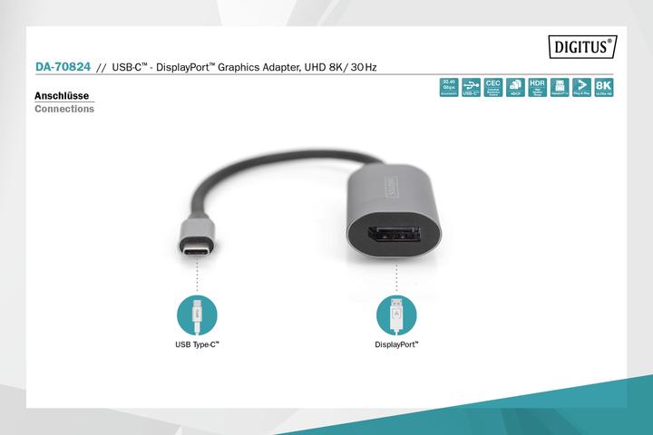 Produktbild Digitus USB-C™ - DisplayPort Grafik-Adapter, UHD 8K / 30 Hz (USB Typ-C, 25 cm)