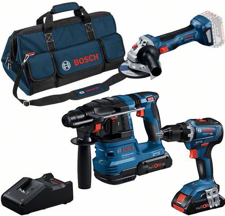 Bosch Professional Combo kit 3-piece 18V: GSR 18V-55/GWS 18V-7/GBH 18V-22, 2x battery, quick charger