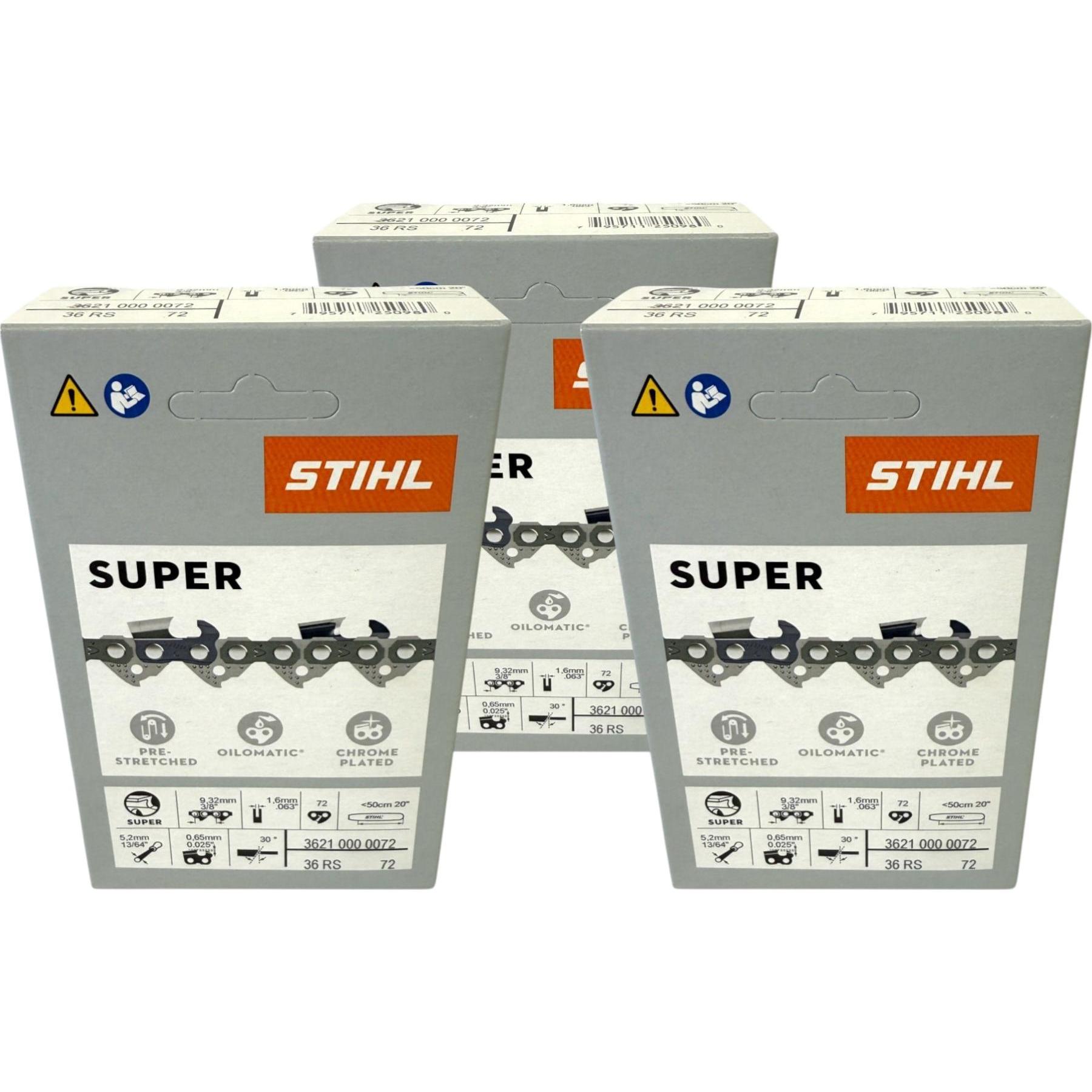 Stihl, Accessori per macchinari da giardino, Catena 3x 3/8" Rapid Super 3 (RS3) 50 cm 3/8" 1,6 mm 72 TG 3 pezzi ( 3x 36260000072 ) (Motosega, Sega a c