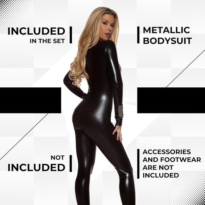 Actual product image Forplay Dames Metallic Zip Voorkant Mock Neck Catsuit Kostuum, Zwart, L/XL (L, XL)