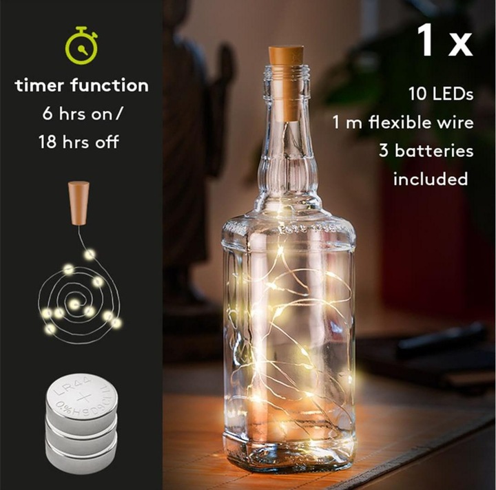 Immagine prodotto Goobay Catena luminosa a 10 LED per bottiglie, con timer, argento-marrone chiaro (0.95 m)