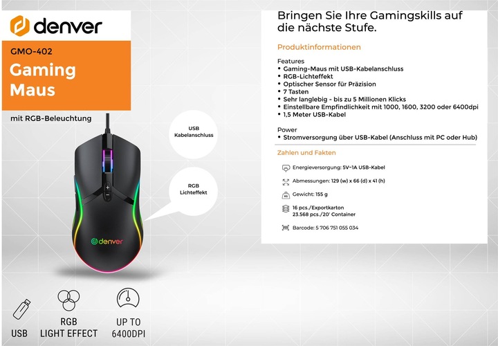 Actual product image Denver GMO-402 Mouse right USB Type-A Optical 6400 DPI (Cable)
