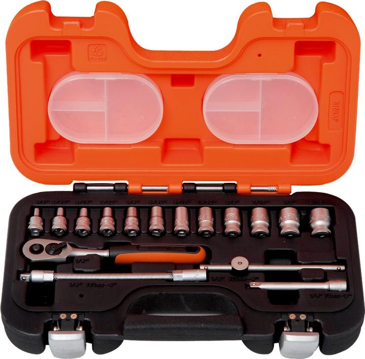 Actual product image Bahco 1/4"-Steckschlüssel-Satz, metrisch, Sechskant, inklusive Umschaltknarre - 16-teilig (13 mm, 8 mm, 10 mm, 4 mm, 11 mm, 7 mm, 12 mm, 6 mm, 9 mm, 5 mm)