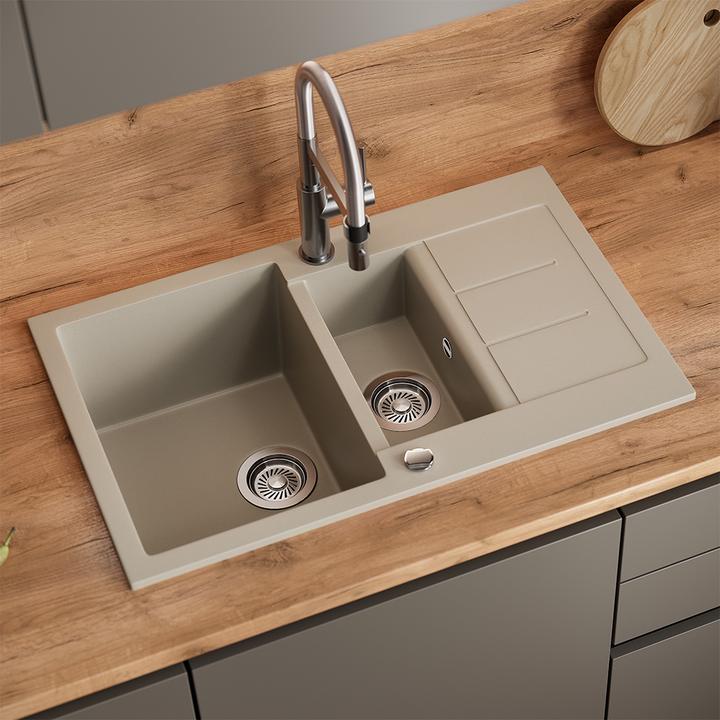 Produktbild Bergström Spülbecken Seattle, Beige, 80 x 50 cm mit 2 Spülbecken & Trockenplatz (Einbauspüle mit Abtropffläche, 50 cm, 80 cm)