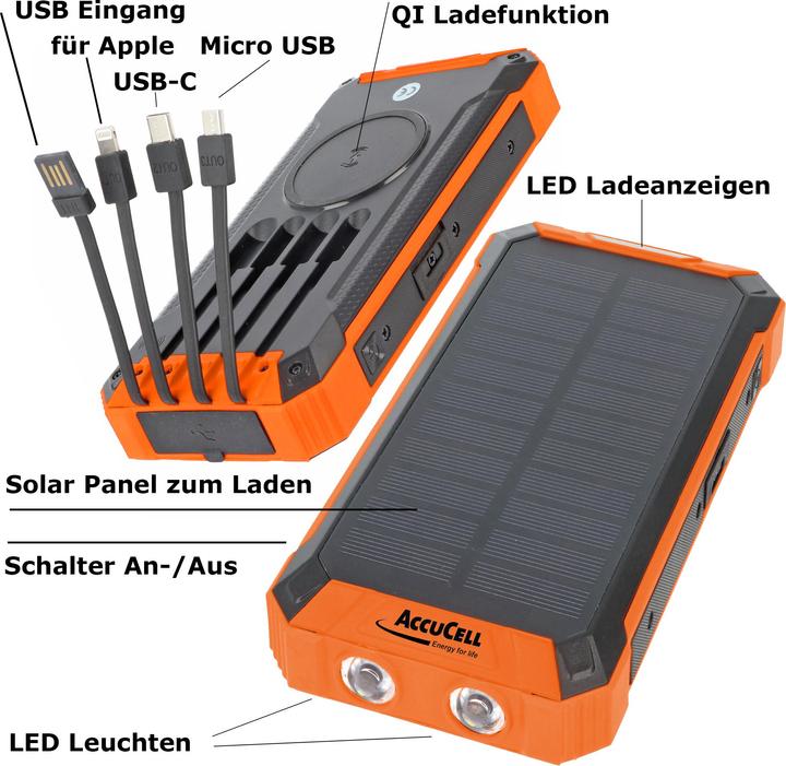 Actual product image AccuCell Powerbank with 4 charging cables, QI charging function, solar panel, LED light (20000 mAh)