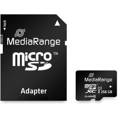 MediaRange MEMORY MICRO SDXC UHS-1/W/ADAPTER MR946 (256 GB, microSDXC, U1, UHS-I), Speicherkarte, Schwarz