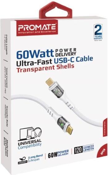 Actual product image ProMate TransLine-CC White USB-C Cable 24K (1.20 m, USB 2.0, 60 W)