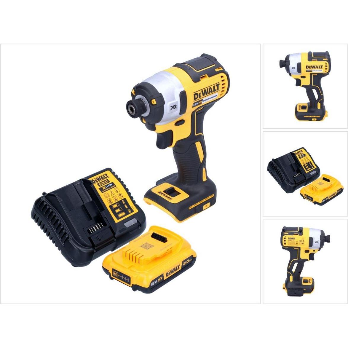 DeWalt, Bohrmaschine + Akkuschrauber, DCF 887 D1 Akku Schlagschrauber 18 V 205 Nm 1/4" Brushless + 1x Akku 2,0 Ah + Lade...