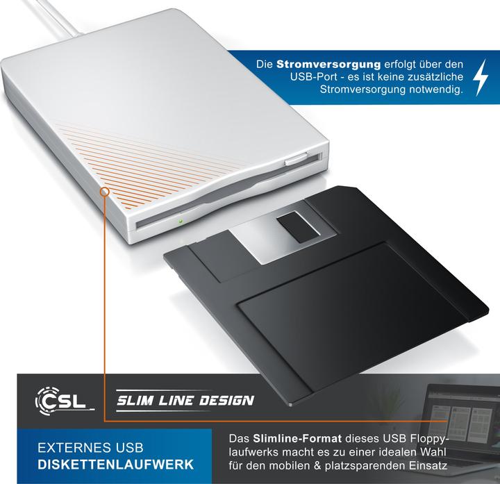 Actual product image CSL USB floppy drive external, USB floppy drive FDD 1,44MB (3,5) for PC & MAC, white (floppy disk drive)